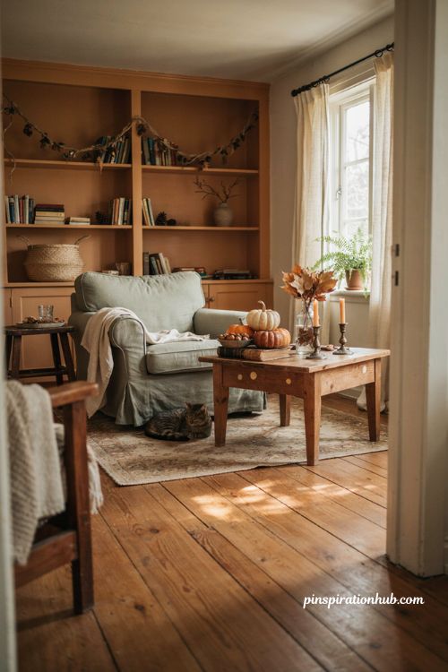 Homemade fall decorations with pumpkins leaves acorns and old books