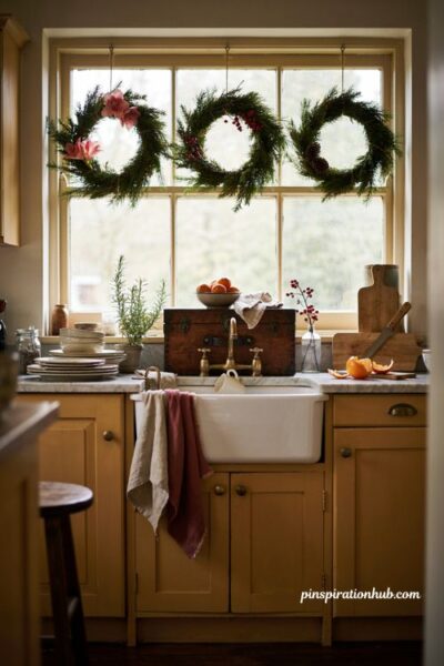 Indoor kitchen window wreath Christmas decorations with evergreen and berries