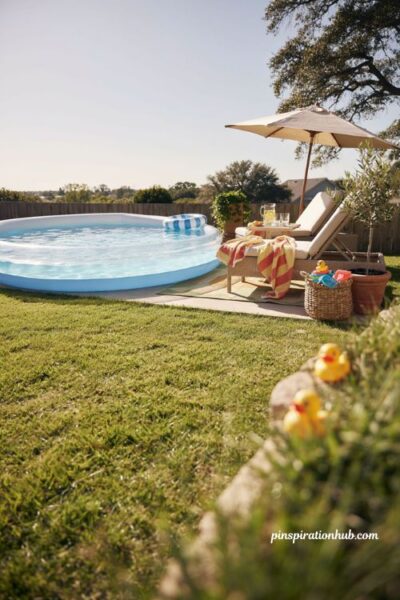 Inflatable pool ideas for family backyard with shaded seating and pool toys