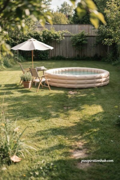 Inflatable pool ideas for tiny backyard with folding chairs umbrella and plants