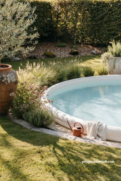 Inflatable pool ideas with canopy shade outdoor curtains and lounge chairs
