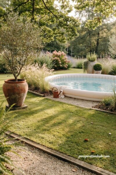 Inflatable pool ideas with garden border ornamental grasses and potted plants