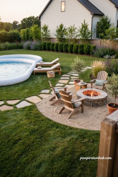 Inflatable pool ideas with separate fire pit zone and backyard seating