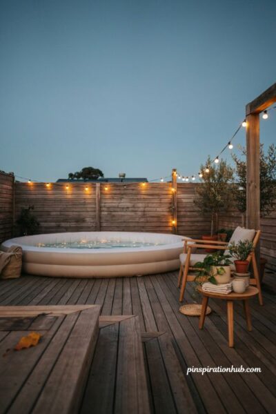 Inflatable pool ideas with string lights warm wood chairs and cozy evening backyard