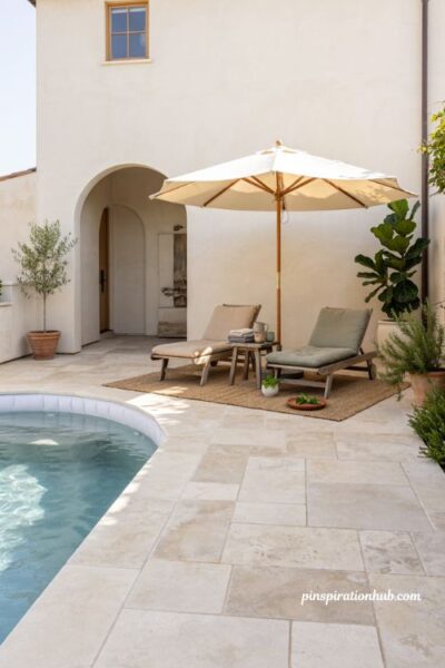 Inflatable pool on patio with large umbrella lounge chairs and potted plants