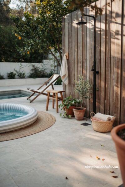 Inflatable pool with outdoor shower wooden privacy screen and towel hook