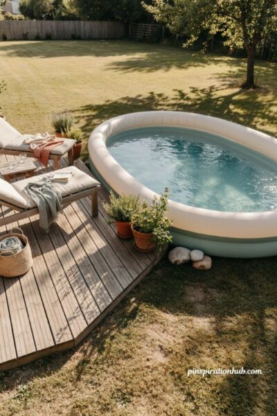 Inflatable pool with small wooden deck lounge chairs plants and towels