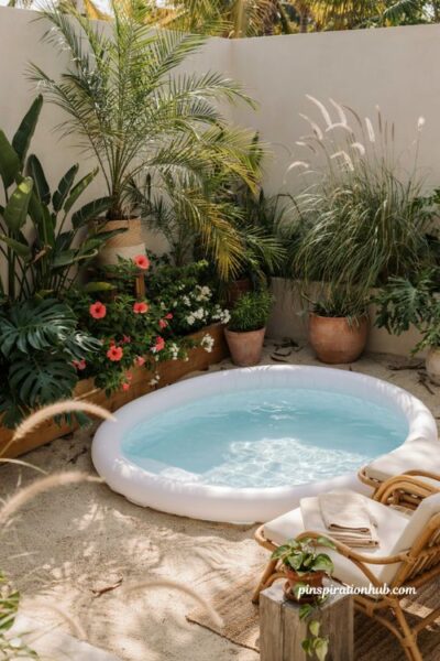 Inflatable pool with tropical plants palms woven baskets and lush backyard decor