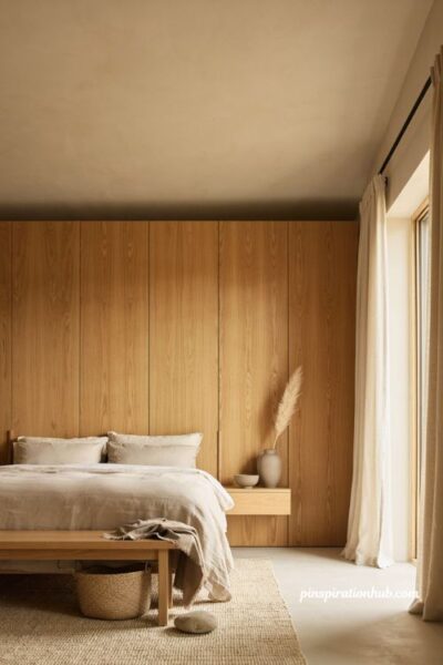 Integrated storage Japandi bedroom ideas with handleless wood wardrobes