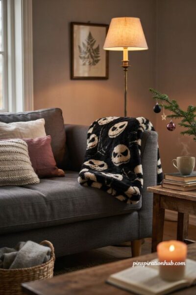 Jack Skellington sherpa blanket on a cozy living room sofa for movie nights