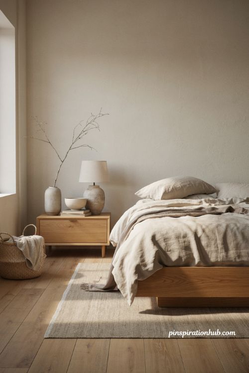 Japandi bedroom ideas with light wood soft neutrals and natural textures