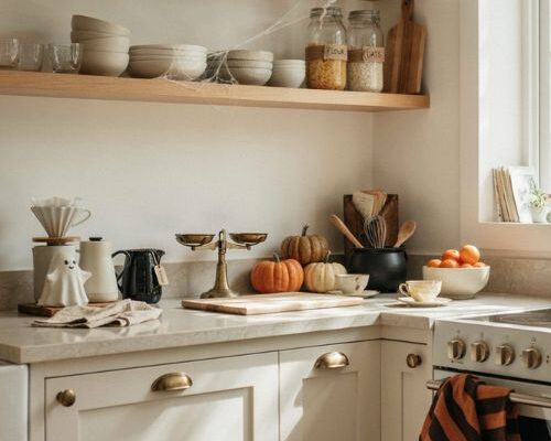 Kitchen Halloween decor with ghost mug and cauldron accents