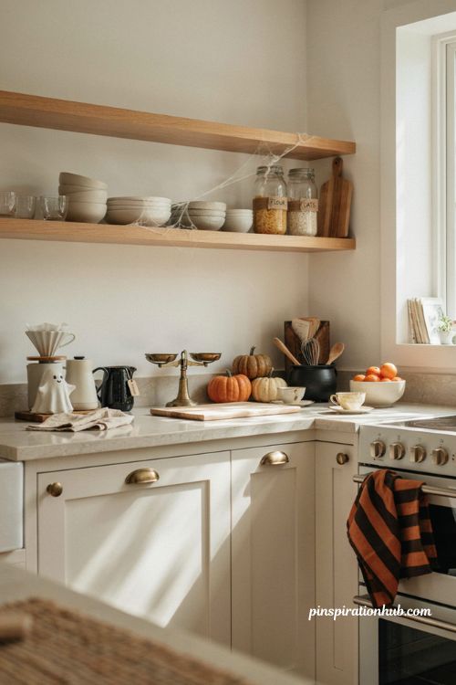 Kitchen Halloween decor with ghost mug and cauldron accents