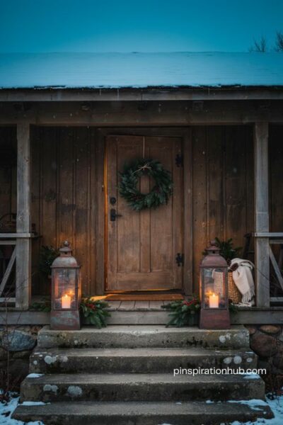 Lanterns with flameless candles and evergreen christmas accents on a front porch