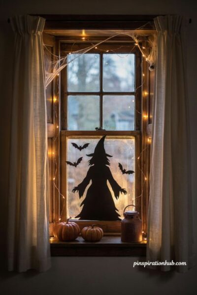 Layered Halloween window silhouette with backlighting and fairy lights