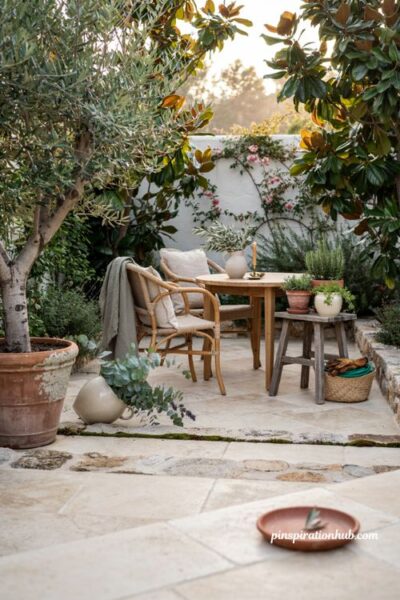 Layered greenery cozy backyard ideas with olive trees and herb pots