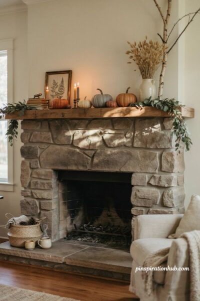 Layered mantel vignette with pumpkins greenery candles and dried branches for fall decor