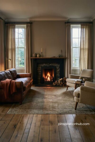 Layered monochromatic moody living room with deep forest green walls velvet sofa and sage accents