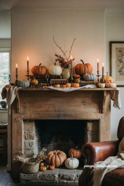 Layered pumpkin colors and sizes on a cozy Halloween fireplace mantel