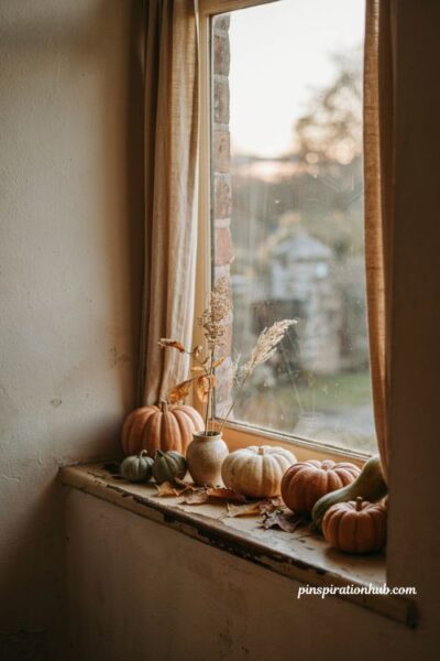 Layered pumpkin windowsill with gourds and dried autumn leaves