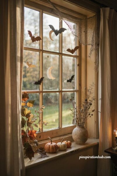 Layered texture Halloween window display with bats spiderwebs and foliage