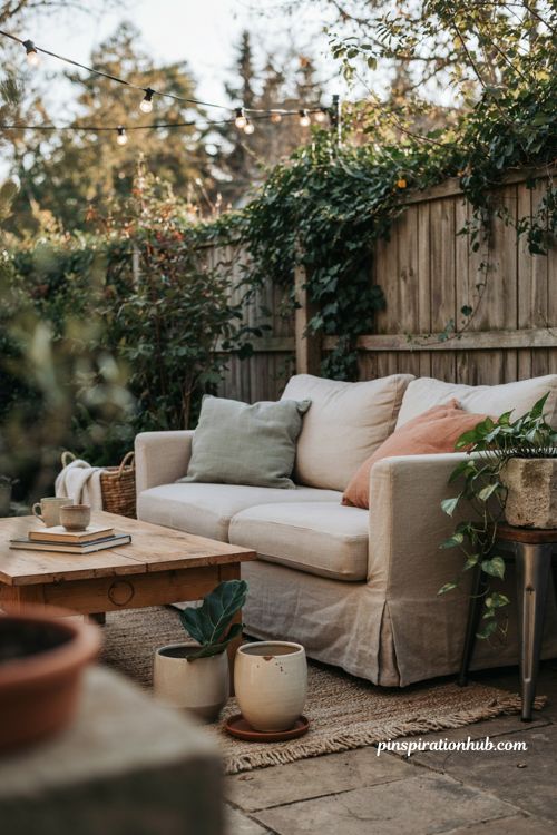 Layered texture cozy backyard ideas with rugs cushions wood and stone