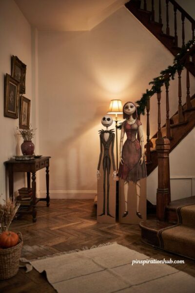 Life size jack and sally cardboard cutout for a nightmare before christmas entryway