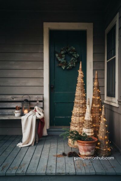 Light up wire sculptures by the door with glowing wicker cone christmas trees