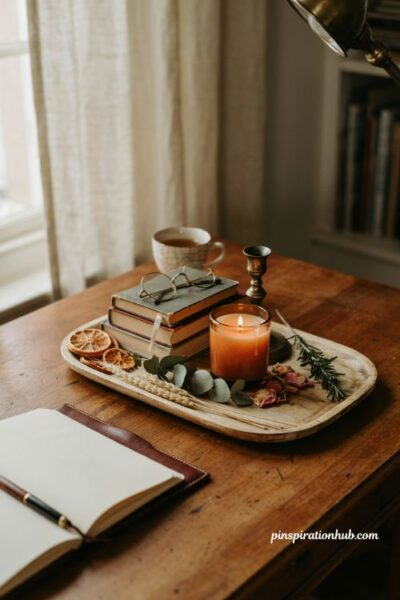 Literary Halloween candle with old books and cozy reading nook decor