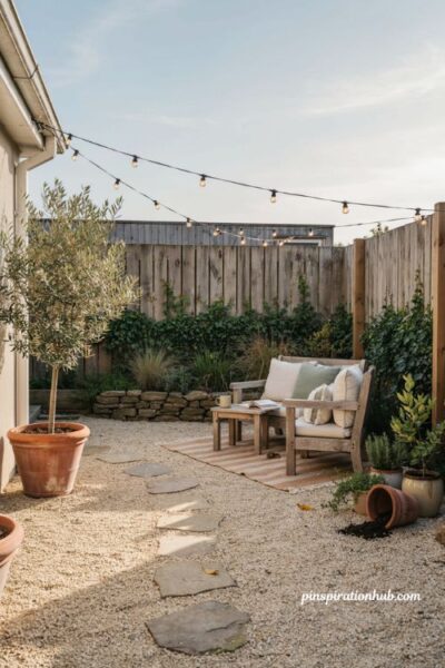Low maintenance cozy backyard ideas with gravel base and potted plants