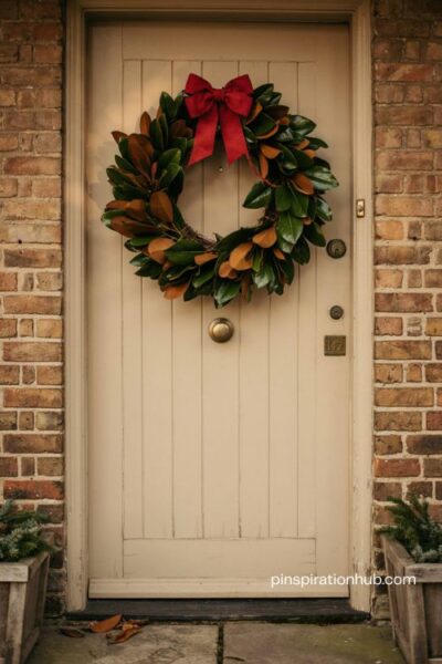 Magnolia leaf front door display with oversized red bow and layered greenery