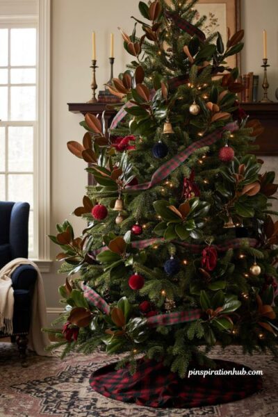 Magnolia stems on a traditional Christmas tree