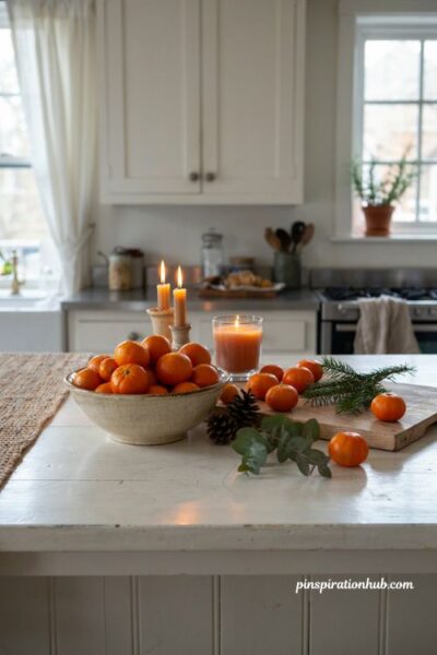 Mandarin orange centerpiece ideas with clementines greenery pinecones and candles