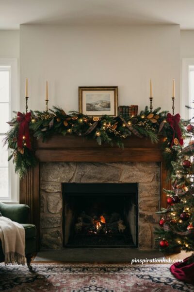 Matching tartan Christmas mantel garland with red velvet bows