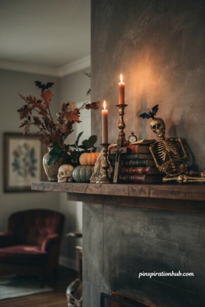 Metallic skeleton Halloween fireplace mantel with vintage books and candles