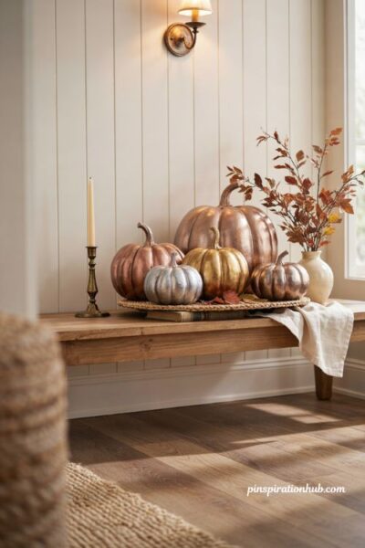 Metallic spray painted pumpkins in bronze gold and silver for elegant fall decor