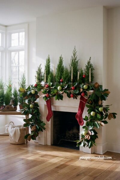 Mini Christmas trees with magnolia garland and red green fireplace decor