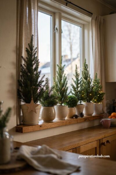 Mini evergreen trees Christmas window decorations on a kitchen sill