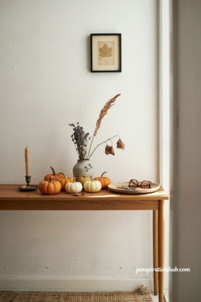 Mini pumpkin Halloween decor for a small apartment entryway
