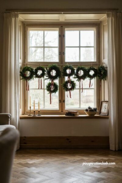 Mini wreath Christmas window decorations with matching ribbons