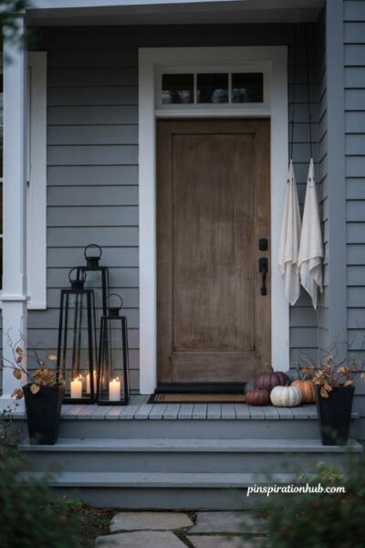 Minimal tall Halloween front porch with black lanterns and pumpkins