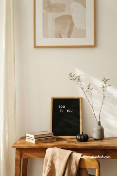 Minimalist Halloween decor with a seasonal letterboard on a console