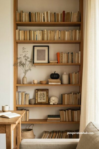 Minimalist Halloween decor with a small pumpkin and skull on styled shelves