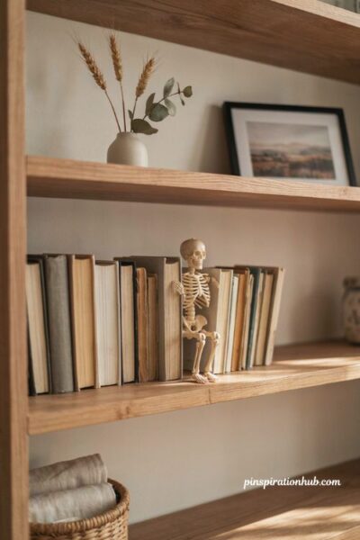 Minimalist Halloween decor with a small skeleton on a bookshelf