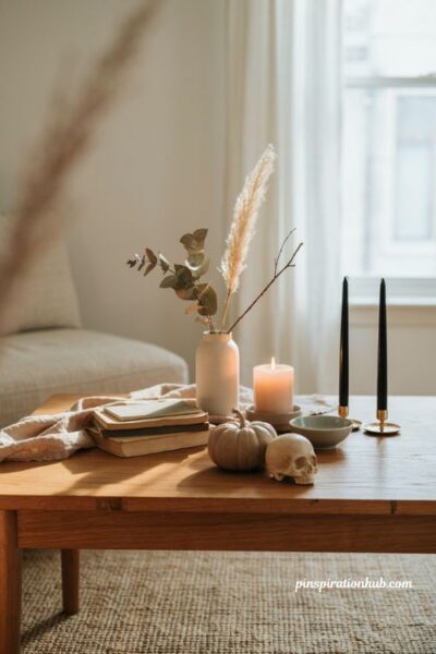 Minimalist Halloween decor with black candles pumpkin and skull table styling