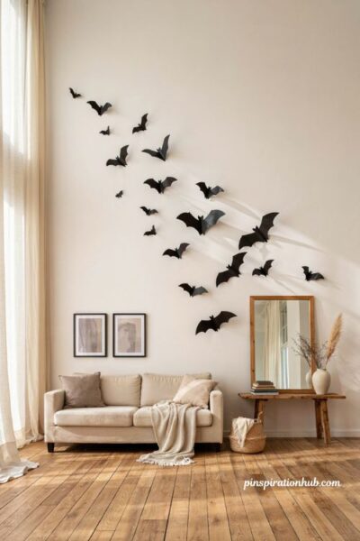 Minimalist Halloween decor with black paper bats flying across one wall
