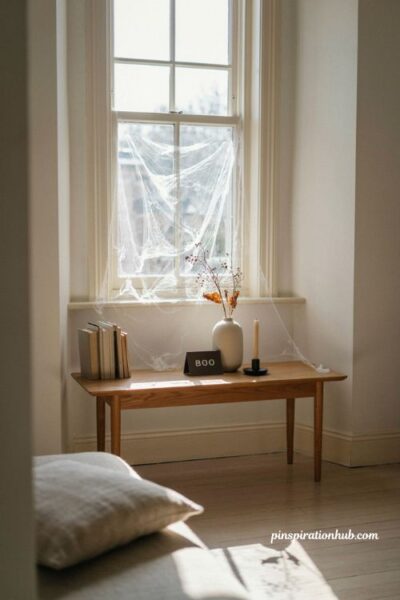 Minimalist Halloween decor with delicate spiderwebs on a bright console