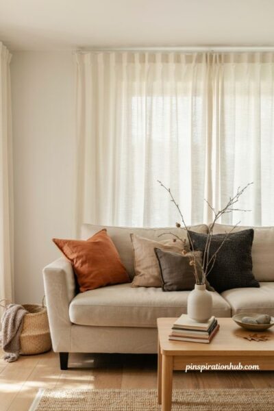 Minimalist Halloween decor with muted orange and charcoal throw pillows