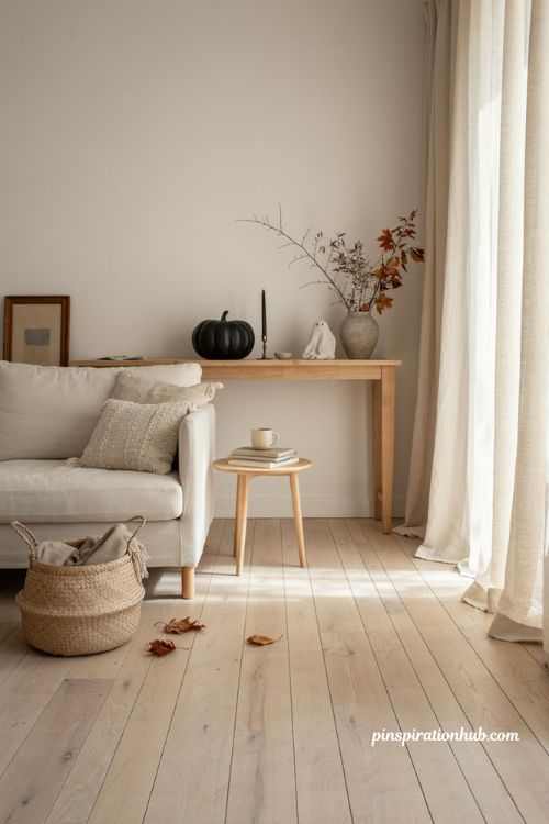 Minimalist Halloween decor with subtle black pumpkins and natural textures