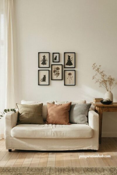 Minimalist Halloween decor with vintage spooky art in black frames